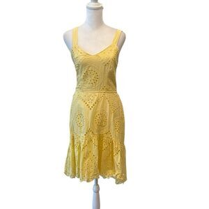 Japna szS bright yellow lined eyelet dress shorter in front elastic back EUC